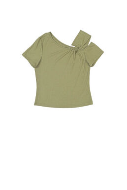 Oblique Cold Shoulder U Wire Pit Striped Top (Army Green)